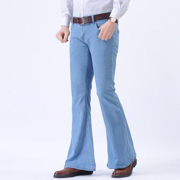 Men Stretch Bell Bottom Jeans Vintage Low Rise Flared Leg Denim Pant Slim  Fit – HAORUN