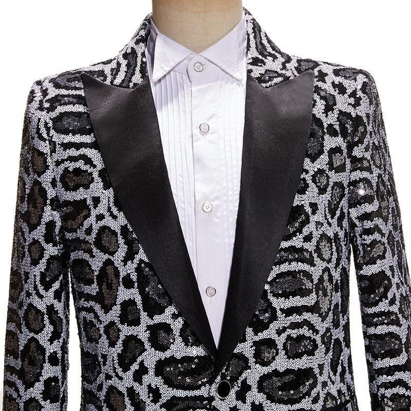 Leopard Pattern Sequins Peak Lapel Suit Blazer