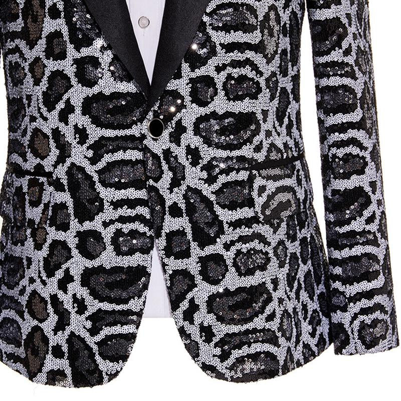 Leopard Pattern Sequins Peak Lapel Suit Blazer